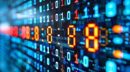 Digital binary code data stream encryption with glowing red and blue dots on pixelated interface