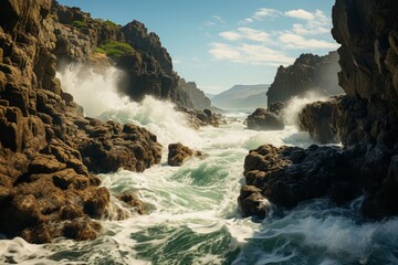 The water is crashing against the rocks in the natural landscape - obrazy, fototapety, plakaty