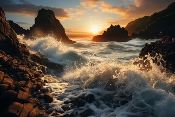 Sunset casting a golden glow over rocky beach with waves crashing against rocks