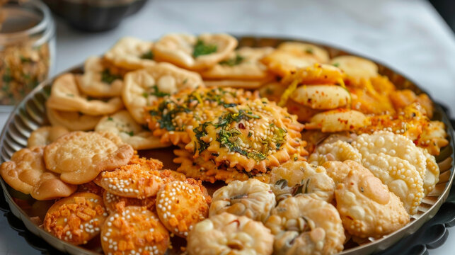A plate of mouthwatering savory snacks such as namak pare and mathri commonly prepared during Diwali for guests and family.