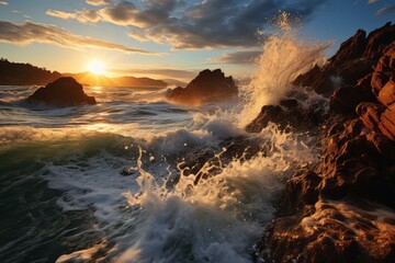 The setting sun casts a warm glow on the ocean as waves crash against the rocks