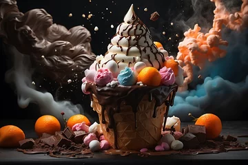 Foto auf Alu-Dibond Ice cream with chocolate and candies in waffle cone on dark background © ASGraphics