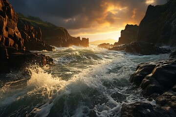 Majestic body of water with rocky cliffs, illuminated by the sunset - obrazy, fototapety, plakaty