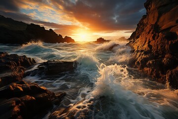 Water crashes on rocks at sunset in a breathtaking natural landscape - obrazy, fototapety, plakaty