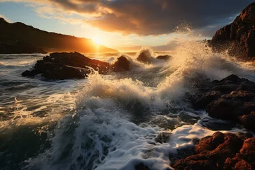 Zelfklevend Fotobehang Sunlight fades as sky meets water, waves crash on rocks in natural landscape © 昱辰 董
