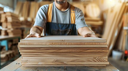 Skilled male carpenter at work in workshop with tools on blurred background, space for text