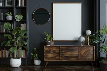 Front view on dark living room interior with empty white poster, bookshelves, sideboard, round mirror. Concept of minimalist design. Place for creative idea. Mock up 3d rendering