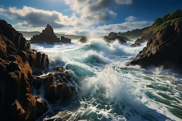 Deurstickers Water splashing on rocky shore with mountainous backdrop © 昱辰 董
