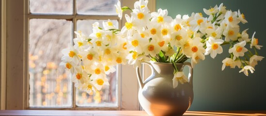 Spring narcissus flowers in a vase inside a country home.