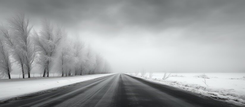 A monochromatic image capturing the serene atmosphere of a foggy day on a snowy road lined with trees. The grey sky blends seamlessly into the asphalt, creating a dreamy natural landscape