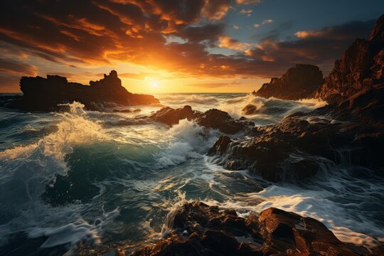 As the sun sets, clouds paint the sky over crashing waves on rocky coast