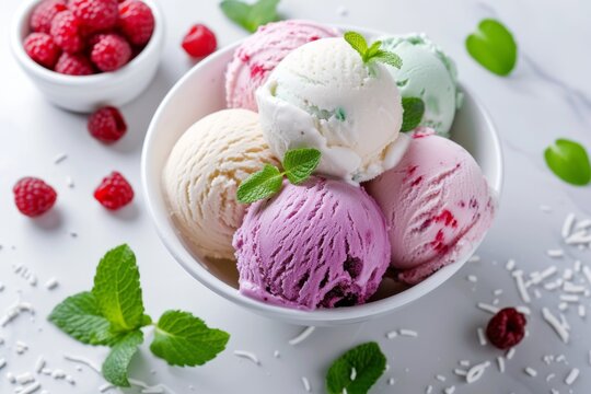 Colorful ice cream scoops in a white bowl with raspberries and mint on a light background.