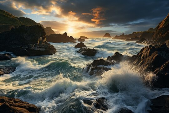 Sunset painting the sky over a rocky shoreline as waves crash against the rocks