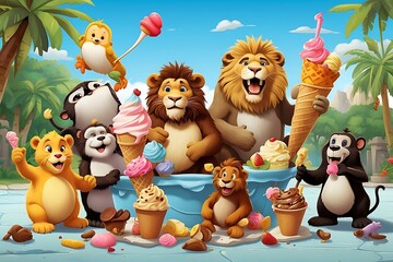 Cartoon zoo scene with animals eating ice cream