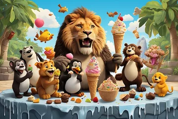 Foto op Canvas Cartoon zoo scene with animals eating ice cream © ASGraphics