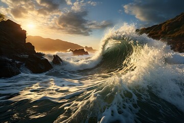 Water crashing on rocky shore at sunset, creating a dramatic natural landscape
