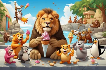 Gartenposter Cartoon zoo scene with animals eating ice cream © ASGraphics