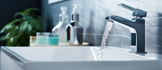 Flowing water in bathroom sink faucet in a modern clean house.