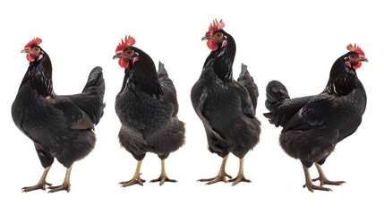 Black chicken collection (profile, portrait, standing), animal bundle isolated on a white background as transparent PNG