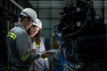 Factory engineer woman inspecting on machine with smart tablet. Worker works at machine robot arm....