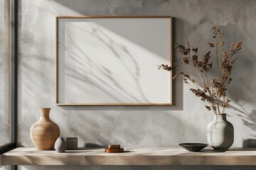 Horizontal wooden poster or photo frame mockup with vase on the desk in living room interior. 3D rendering.