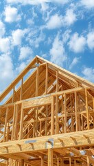 Residential wooden house construction framing under clear blue sky with space for text