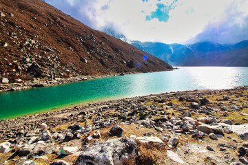 The Emerald green Gokyo Lake No 2, also called Taboche Tsho, part of a series of 5 high altitude...