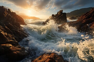 The clouds are painting the sky as the waves crash against the rocks at sunset
