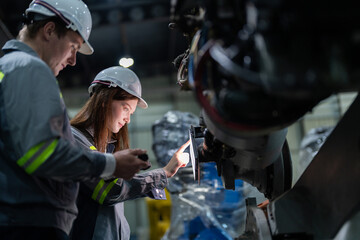 engineers check control heavy machine robot arm. Diverse Team of Industrial Robotics Engineers Gathered Around Machine. Professional Machinery Operators repair electric robot on bright digital panel.