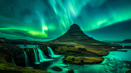 A beautiful landscape with a waterfall and a green mountain. The sky is filled with auroras, creating a serene and peaceful atmosphere