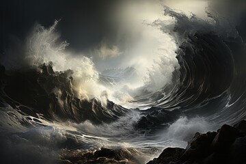 Cumulus clouds float above as a giant wave crashes on the rugged shoreline - obrazy, fototapety, plakaty