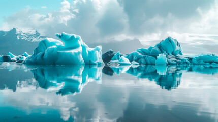 A large body of water with ice floating on top. The sky is blue and cloudy - Powered by Adobe