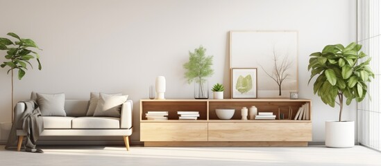 modern scandinavian living room decor with mock up poster, wooden console, plants, books, and personal accessories.