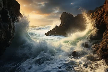 Foto op Canvas Water crashes against rocky shore in natural landscape, under cloudy sky © 昱辰 董