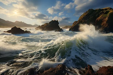Deurstickers A powerful wave meets the rugged rocks on the shoreline under the cloudy sky © 昱辰 董