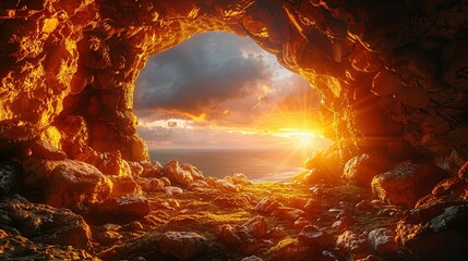 Empty tomb with stone rocky cave and light rays bursting from within. Easter resurrection of Jesus Christ. Christianity, faith, religious, Christian Easter concept