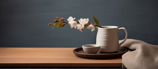 Arrangement of a mug, napkin, and flower on a bamboo tray with empty space.