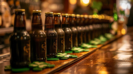 Bottles of beer a popular Irish stout lined up on a table adorned with shamrock coasters ready to be enjoyed during St. Patricks Day gatherings. - obrazy, fototapety, plakaty