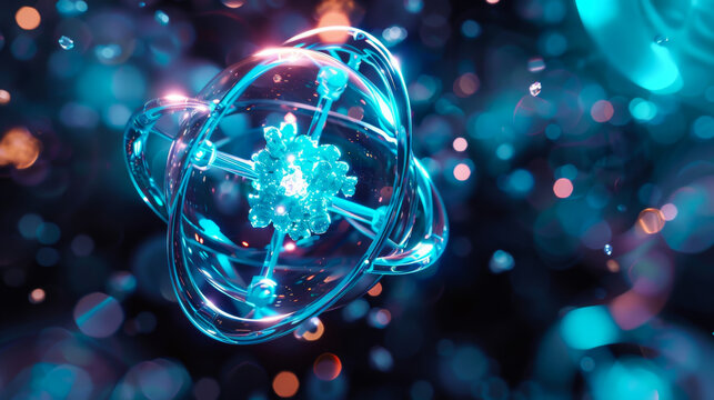 A blue and green sphere with a crystal inside. The sphere is surrounded by a blurry background. The sphere is the main focus of the image, and it is a representation of a scientific concept or idea