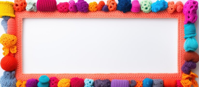 A textile picture frame adorned with colorful yarn and buttons in shades of blue, light green, orange, yellow, pink, and red. A charming and playful decoration for your photographs
