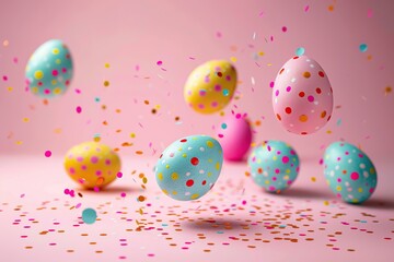 Fototapeta na wymiar Easter background with colorful eggs and confetti. 3d render.