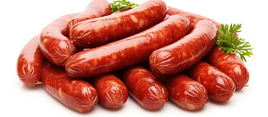 A variety of sausages, including Knackwurst, Diot, Kielbasa, Cervelat, Nduja, Loukaniko, and Thuringian sausage, with parsley garnish, displayed on a white background