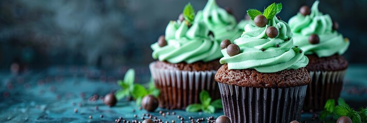 Delicious chocolate cupcakes with mint and chocolate on a dark wooden background. - obrazy, fototapety, plakaty