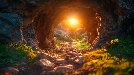 Empty tomb with stone rocky cave and light rays bursting from within. Easter resurrection of Jesus Christ. Christianity, faith, religious, Christian Easter concept