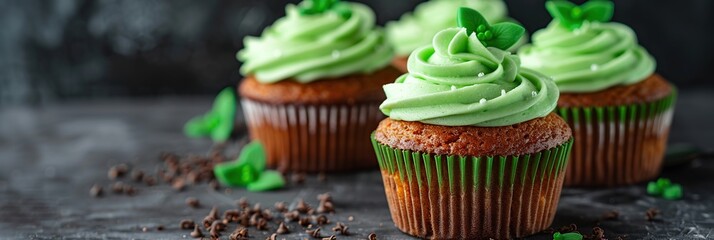 cupcakes with green buttercream frosting and nuts on wooden background. - obrazy, fototapety, plakaty