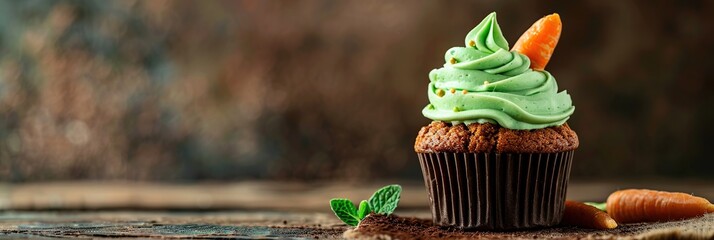 Banana bread cupcakes with green buttercream frosting and nuts on wooden background - obrazy, fototapety, plakaty