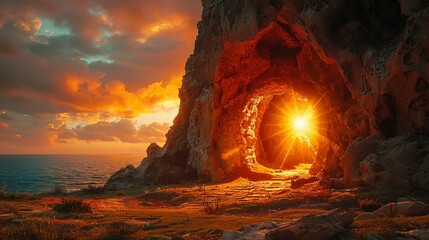 Empty tomb with stone rocky cave and light rays bursting from within. Easter resurrection of Jesus Christ. Christianity, faith, religious, Christian Easter concept - obrazy, fototapety, plakaty