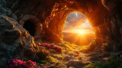 Foto op Canvas Empty tomb with stone rocky cave and light rays bursting from within. Easter resurrection of Jesus Christ. Christianity, faith, religious, Christian Easter concept © Jennifer