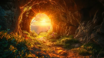 Fototapeten Empty tomb with stone rocky cave and light rays bursting from within. Easter resurrection of Jesus Christ. Christianity, faith, religious, Christian Easter concept © Jennifer