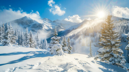 Fototapeta na wymiar A snowy mountain range with a bright sun shining on it. The snow is falling and the sky is cloudy